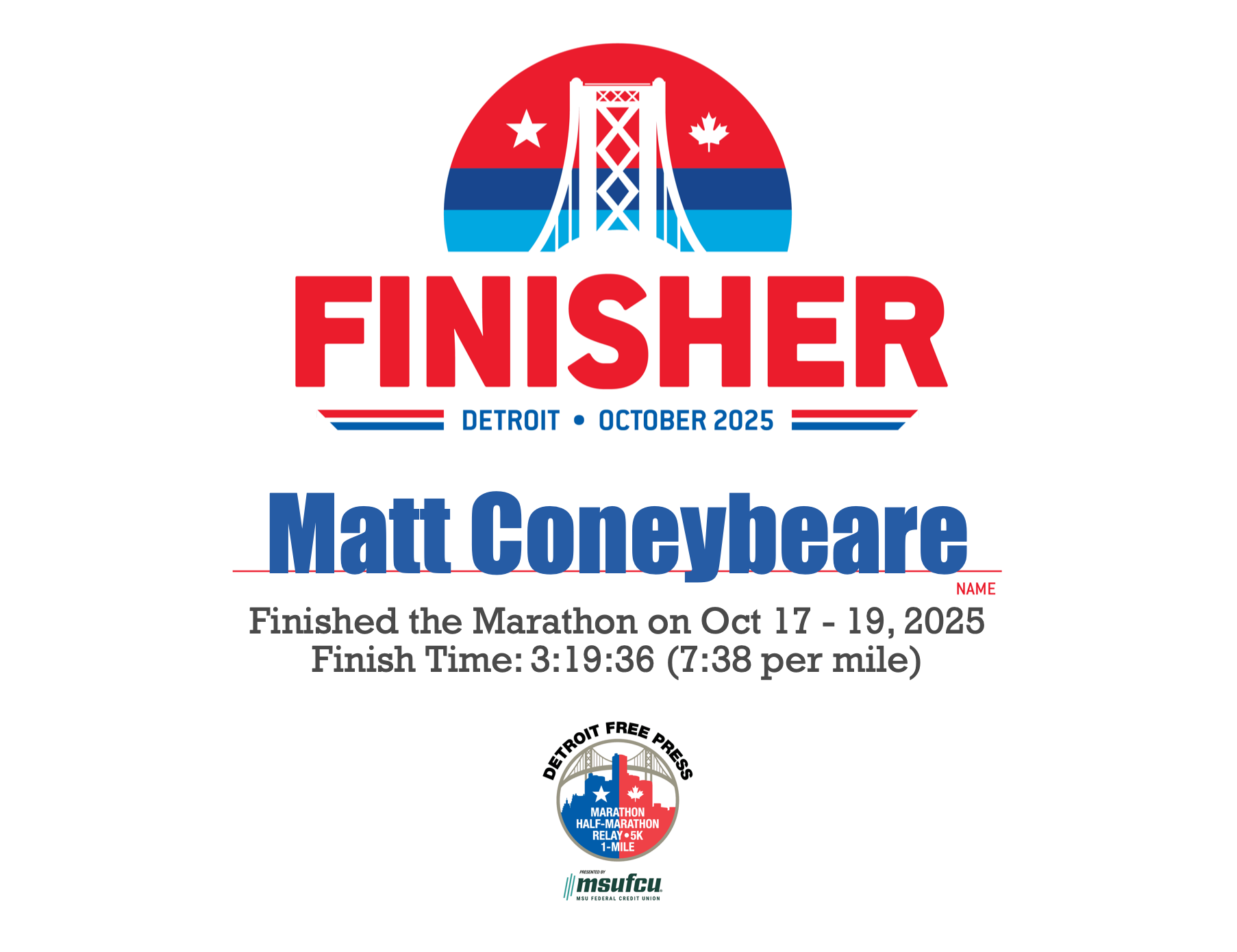 Matt Coneybeare - Marathon 38 - Finisher's Certificate